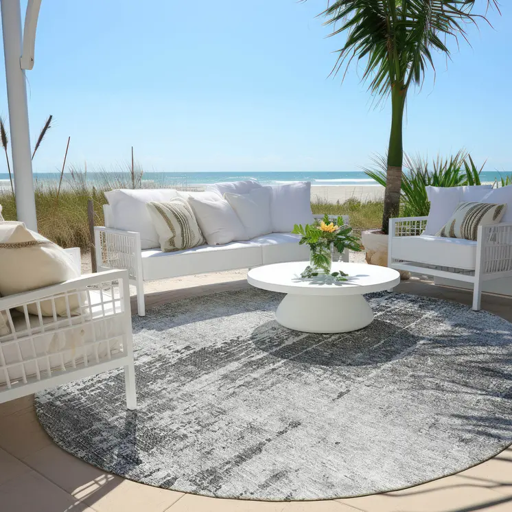 8' Gray Charcoal And Silver Round Abstract Washable Indoor Outdoor Area Rug