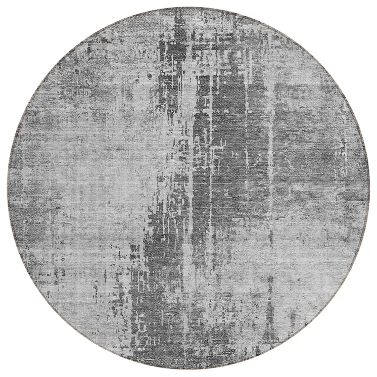 8' Gray Charcoal And Silver Round Abstract Washable Indoor Outdoor Area Rug