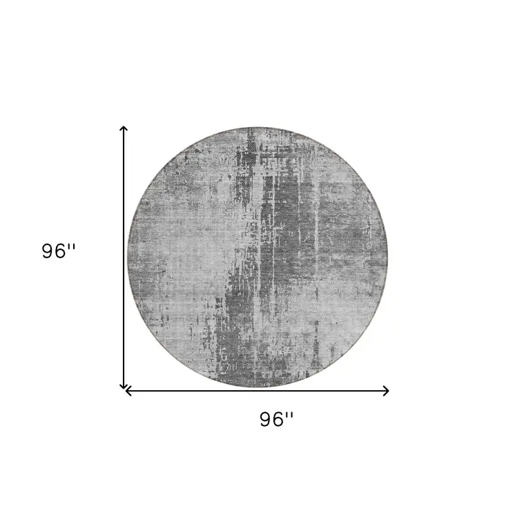 8' Gray Charcoal And Silver Round Abstract Washable Indoor Outdoor Area Rug