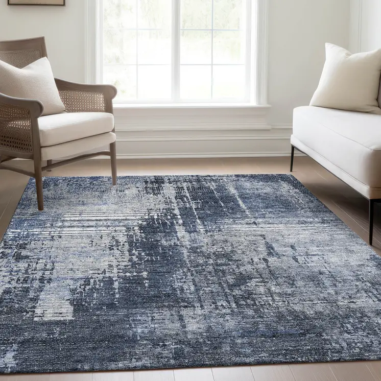 3' X 5' Navy Blue And Sky Blue Abstract Washable Indoor Outdoor Area Rug