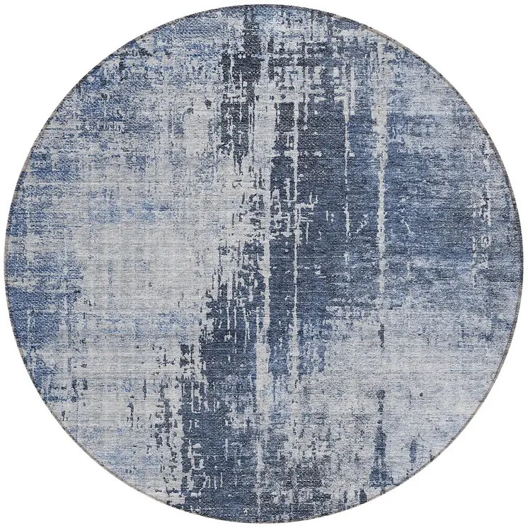 8' Navy Blue And Sky Blue Round Abstract Washable Indoor Outdoor Area Rug