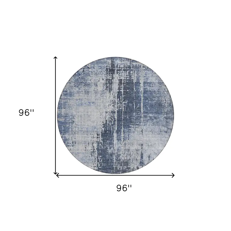 8' Navy Blue And Sky Blue Round Abstract Washable Indoor Outdoor Area Rug