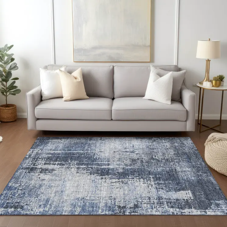 9' X 12' Navy Blue And Sky Blue Abstract Washable Indoor Outdoor Area Rug