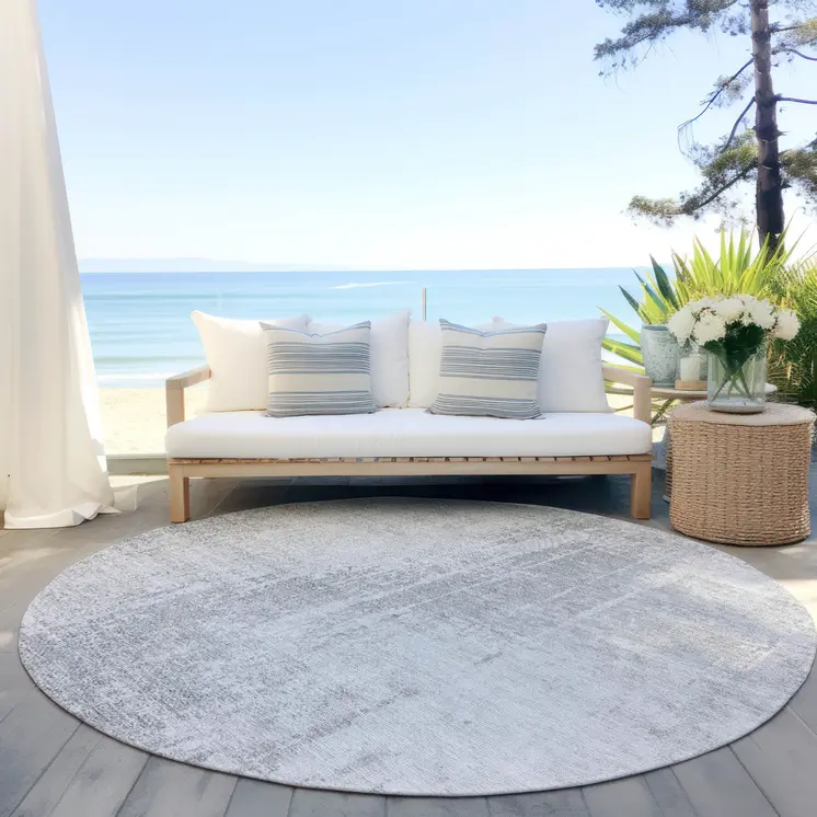 8' Silver And Gray Round Abstract Washable Indoor Outdoor Area Rug