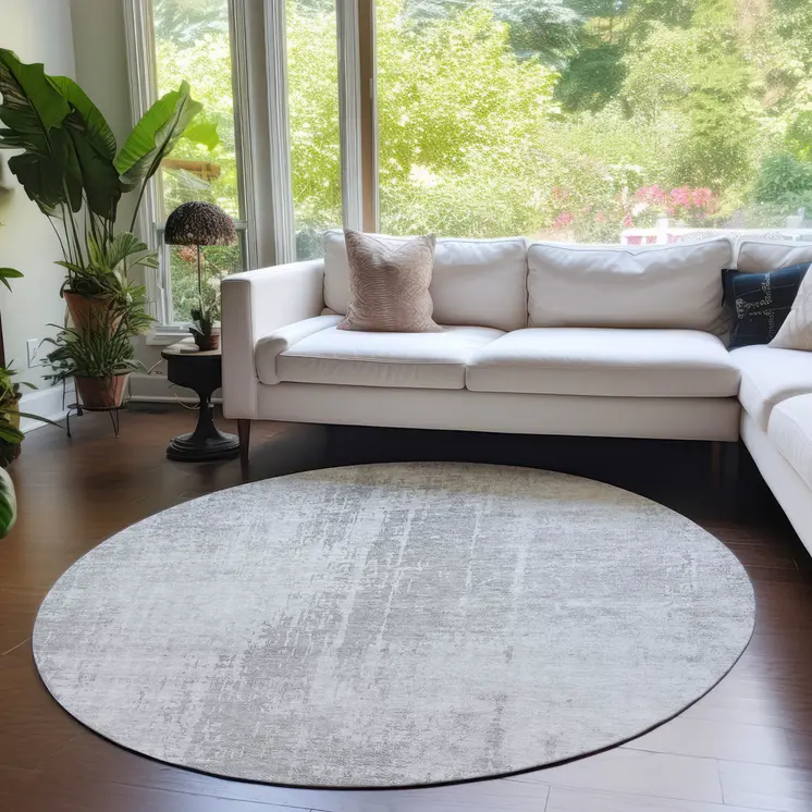 8' Silver And Gray Round Abstract Washable Indoor Outdoor Area Rug
