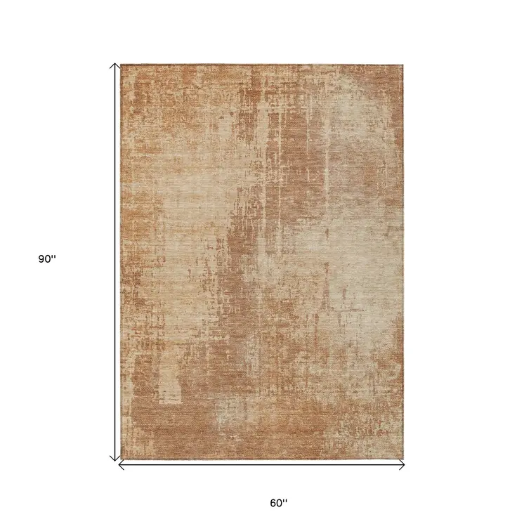 5' X 8' Terra Cotta And Copper Abstract Washable Indoor Outdoor Area Rug