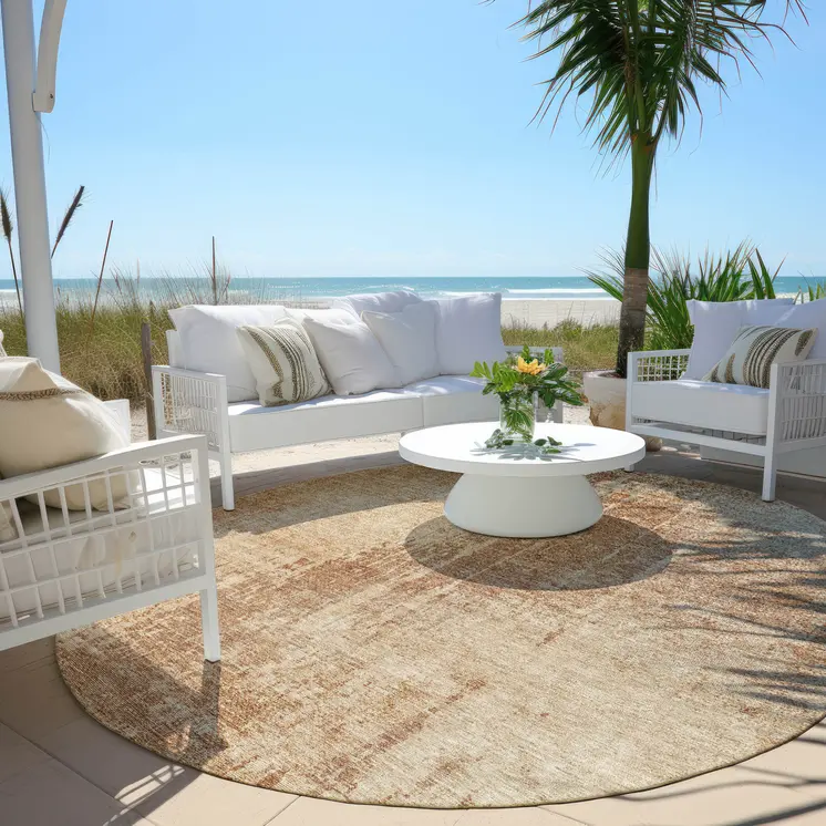 8' Terra Cotta And Copper Round Abstract Washable Indoor Outdoor Area Rug