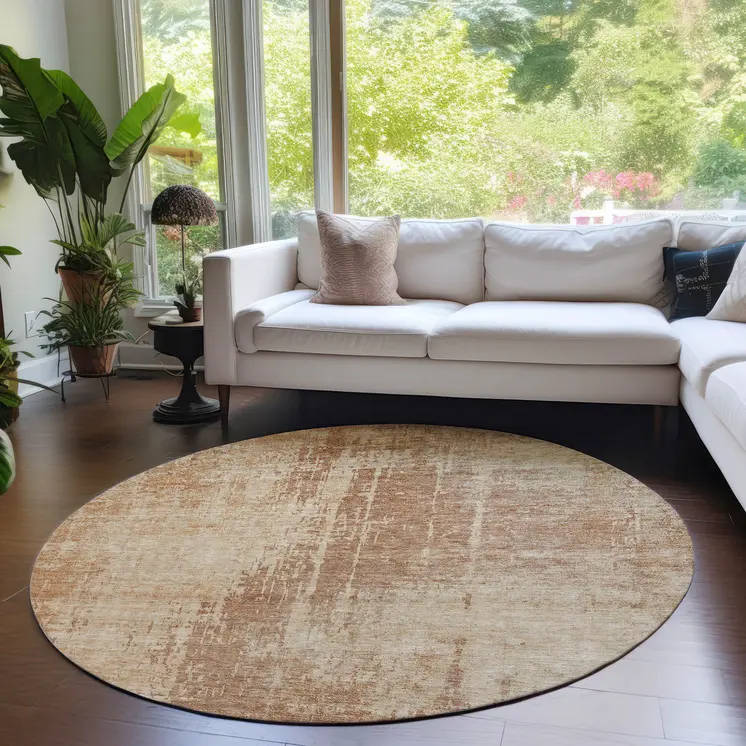 8' Terra Cotta And Copper Round Abstract Washable Indoor Outdoor Area Rug