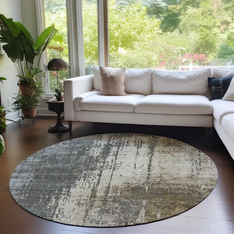 8' Beige Brown And Gray Round Abstract Washable Indoor Outdoor Area Rug