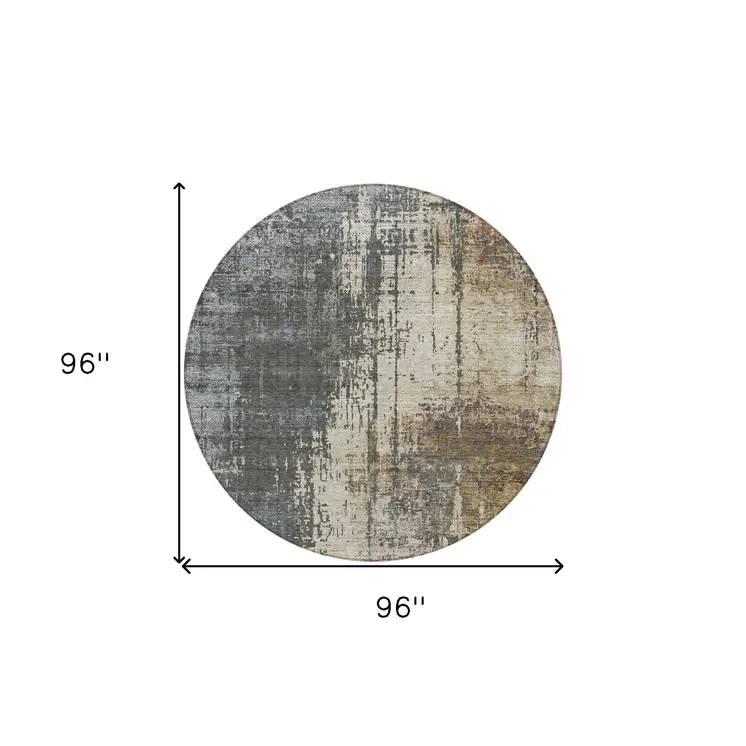 8' Beige Brown And Gray Round Abstract Washable Indoor Outdoor Area Rug