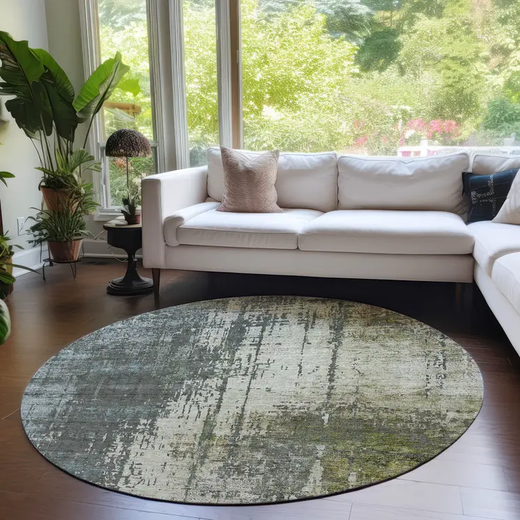8' Sage Beige And Brown Round Abstract Washable Indoor Outdoor Area Rug