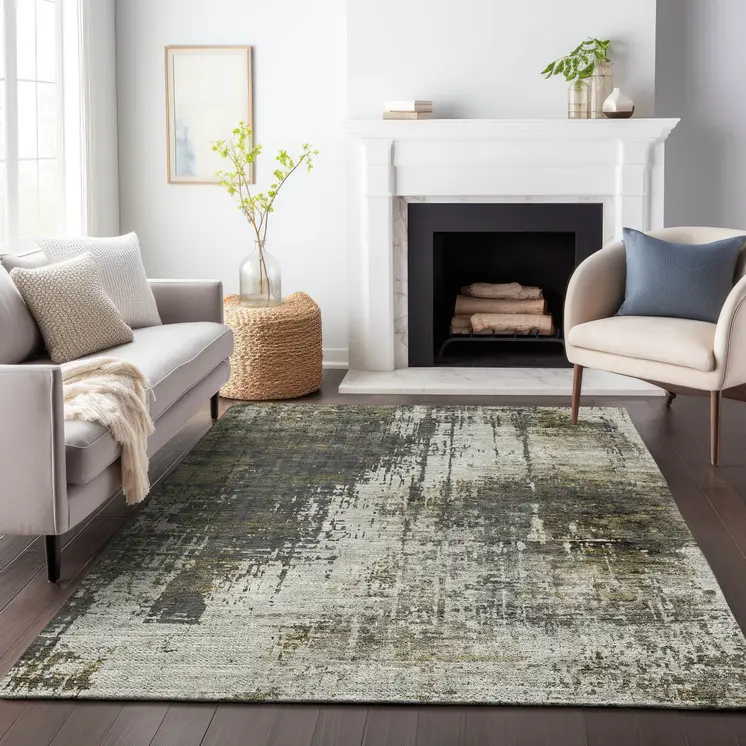 10' X 14' Taupe Beige And Olive Green Abstract Washable Indoor Outdoor Area Rug