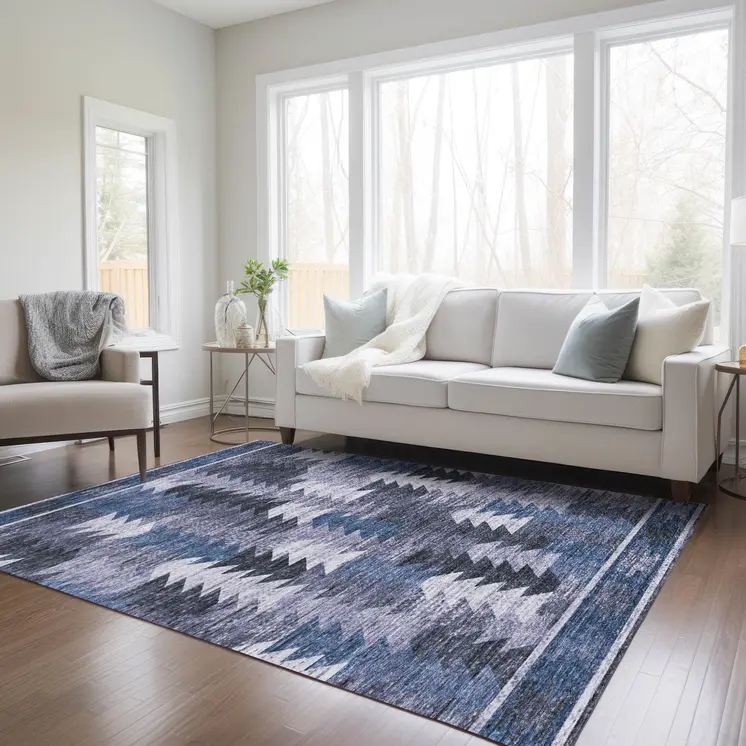 3' X 5' Navy Blue And Sky Blue Southwestern Washable Indoor Outdoor Area Rug