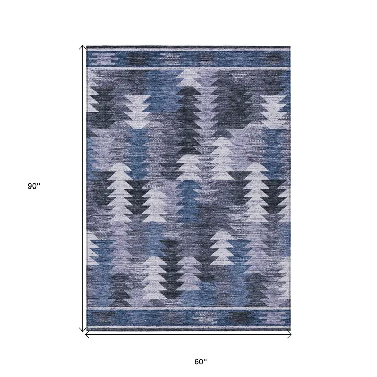 5' X 8' Navy Blue And Sky Blue Southwestern Washable Indoor Outdoor Area Rug