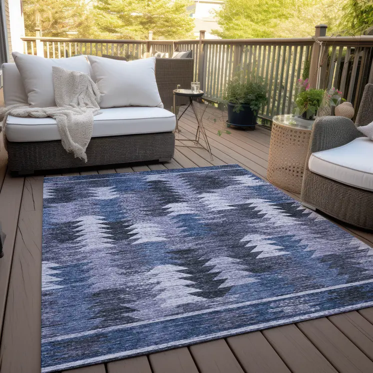 5' X 8' Navy Blue And Sky Blue Southwestern Washable Indoor Outdoor Area Rug