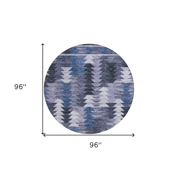 8' Navy Blue And Sky Blue Round Southwestern Washable Indoor Outdoor Area Rug