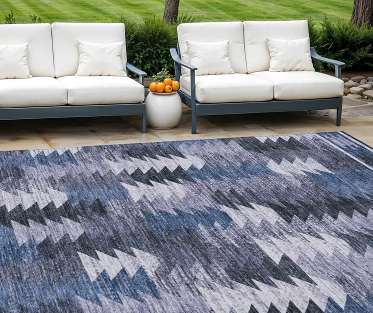 9' X 12' Navy Blue And Sky Blue Southwestern Washable Indoor Outdoor Area Rug