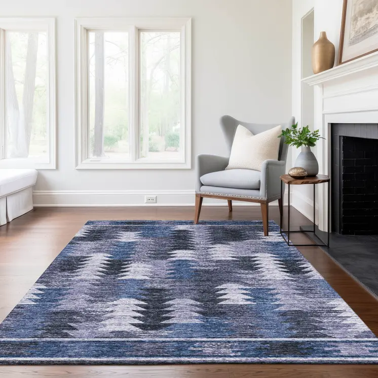 9' X 12' Navy Blue And Sky Blue Southwestern Washable Indoor Outdoor Area Rug