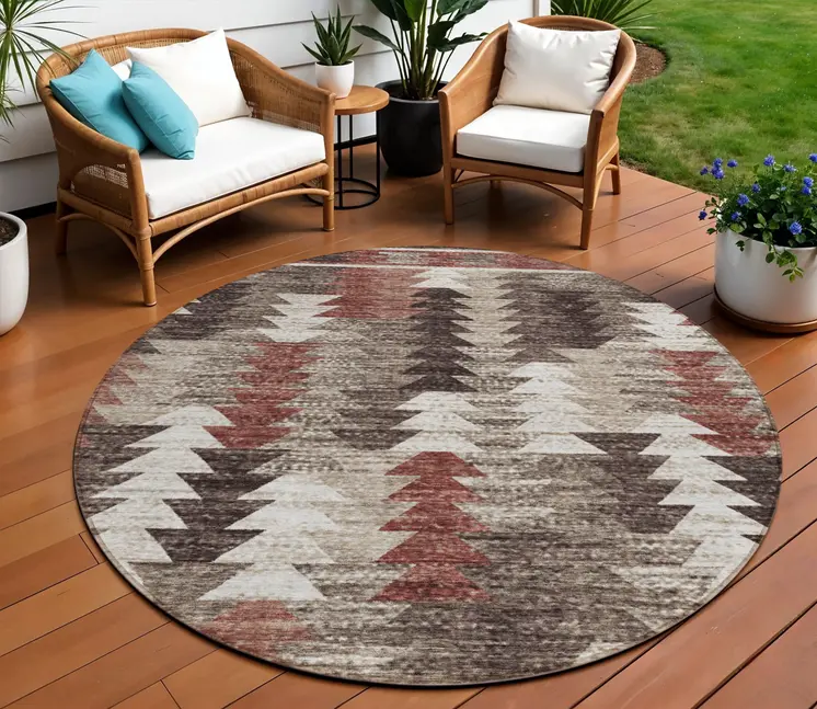 8' Brown And Ivory Round Southwestern Washable Indoor Outdoor Area Rug