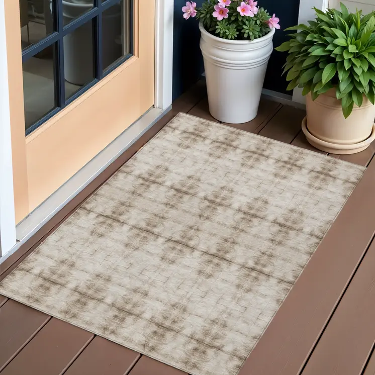 3' X 5' Beige Taupe And Tan Geometric Washable Indoor Outdoor Area Rug