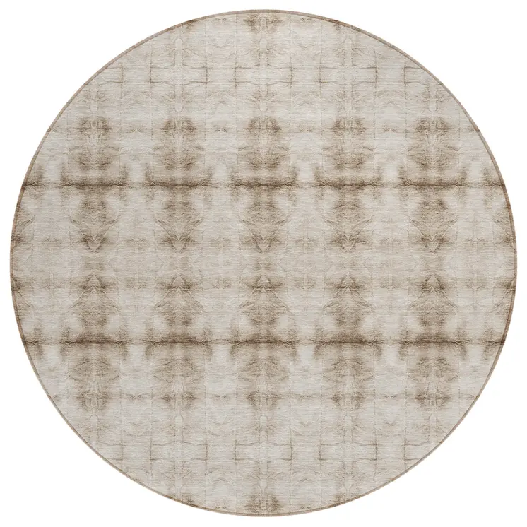 8' Beige Taupe And Tan Round Geometric Washable Indoor Outdoor Area Rug
