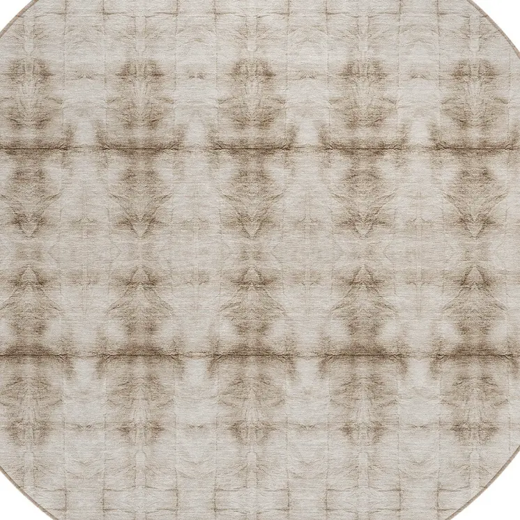 8' Beige Taupe And Tan Round Geometric Washable Indoor Outdoor Area Rug