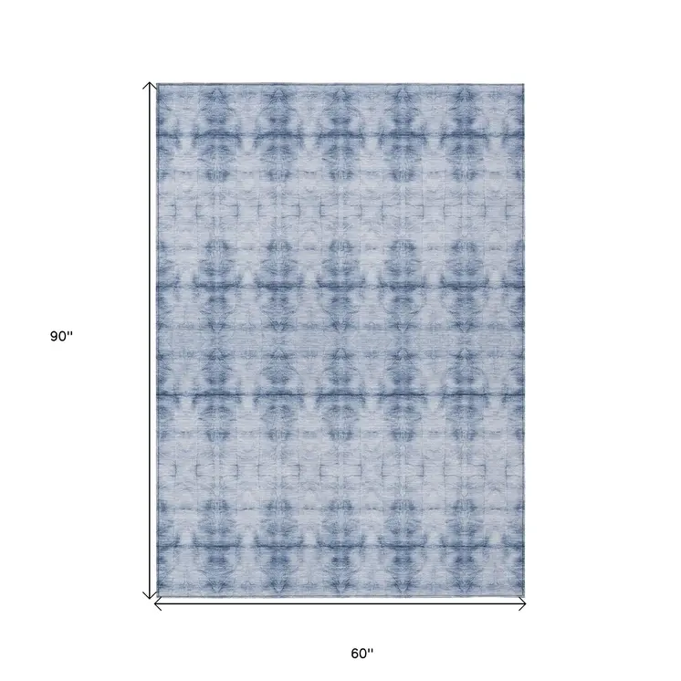 5' X 8' Navy Blue And Sky Blue Geometric Washable Indoor Outdoor Area Rug