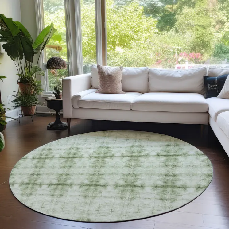 8' Sage And Green Round Geometric Washable Indoor Outdoor Area Rug