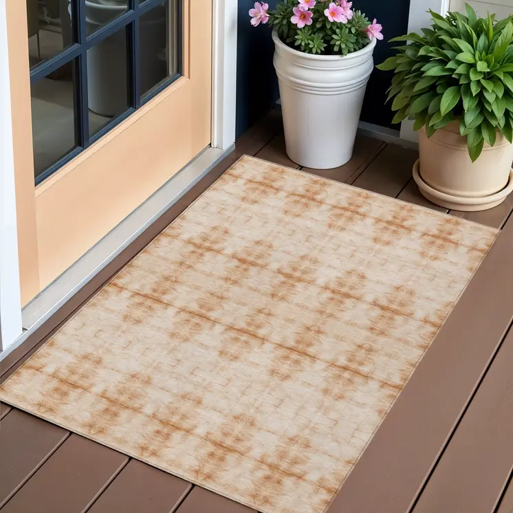3' X 5' Salmon And Ivory Geometric Washable Indoor Outdoor Area Rug