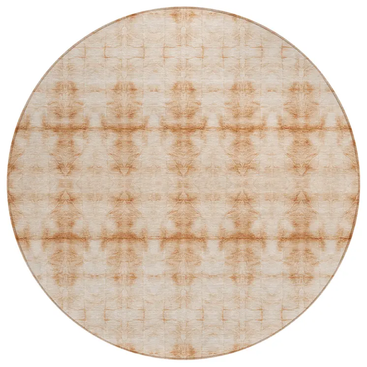 8' Salmon And Ivory Round Geometric Washable Indoor Outdoor Area Rug