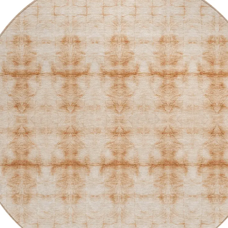 8' Salmon And Ivory Round Geometric Washable Indoor Outdoor Area Rug