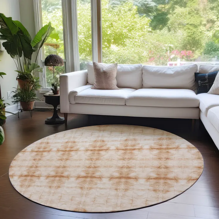 8' Salmon And Ivory Round Geometric Washable Indoor Outdoor Area Rug