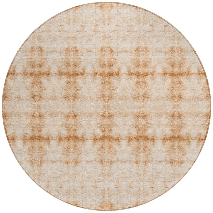 8' Salmon And Ivory Round Geometric Washable Indoor Outdoor Area Rug
