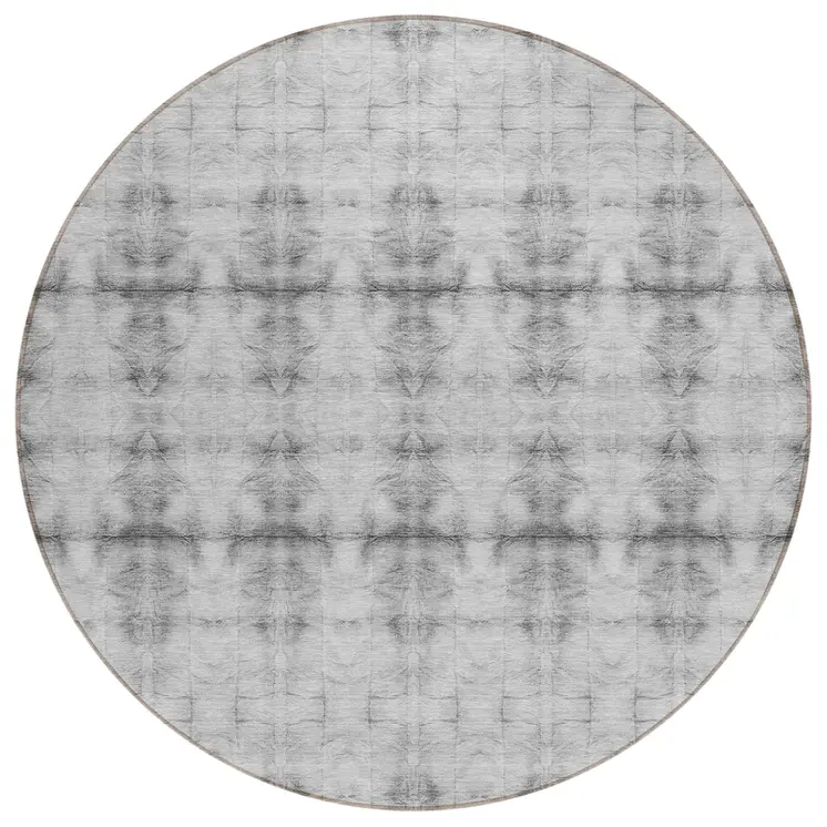8' Silver And Gray Round Geometric Washable Indoor Outdoor Area Rug