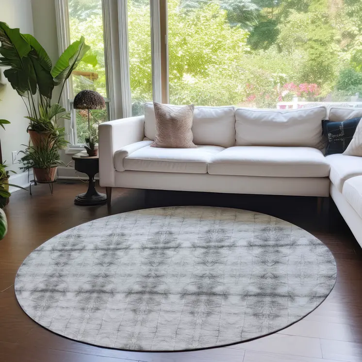 8' Silver And Gray Round Geometric Washable Indoor Outdoor Area Rug