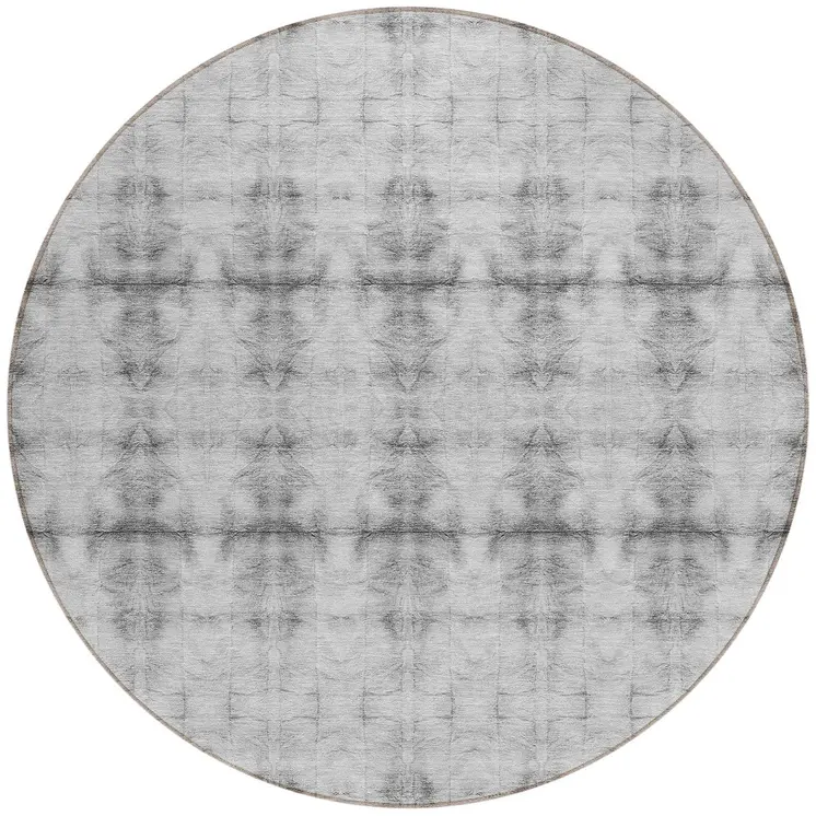 8' Silver And Gray Round Geometric Washable Indoor Outdoor Area Rug