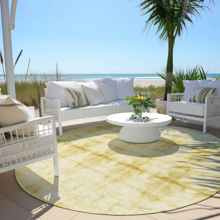 8' Wheat And Gold Round Geometric Washable Indoor Outdoor Area Rug