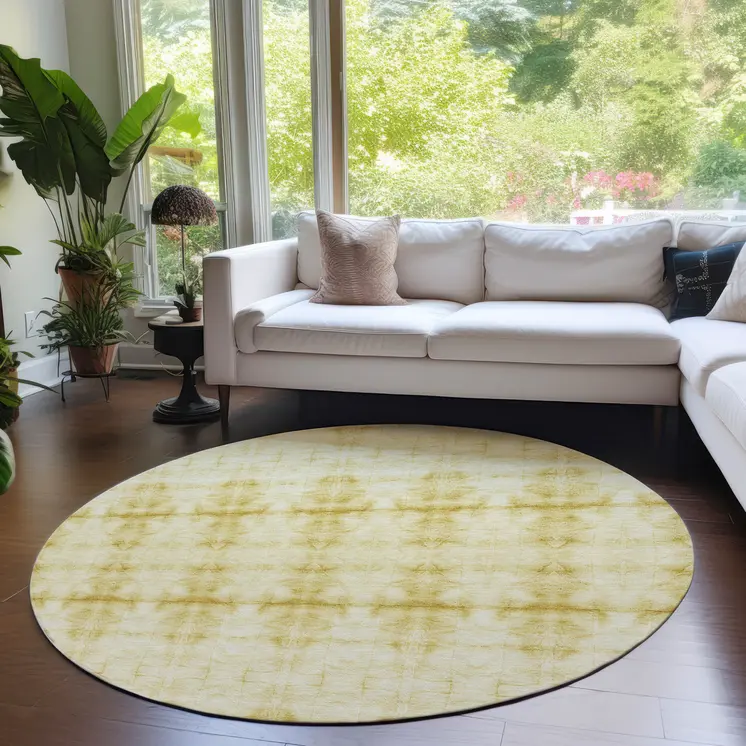 8' Wheat And Gold Round Geometric Washable Indoor Outdoor Area Rug