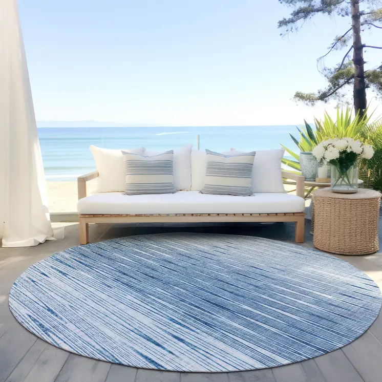 8' Navy Blue And Sky Blue Round Abstract Washable Indoor Outdoor Area Rug