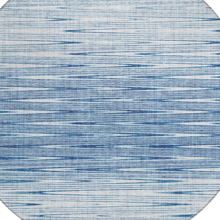 8' Navy Blue And Sky Blue Round Abstract Washable Indoor Outdoor Area Rug