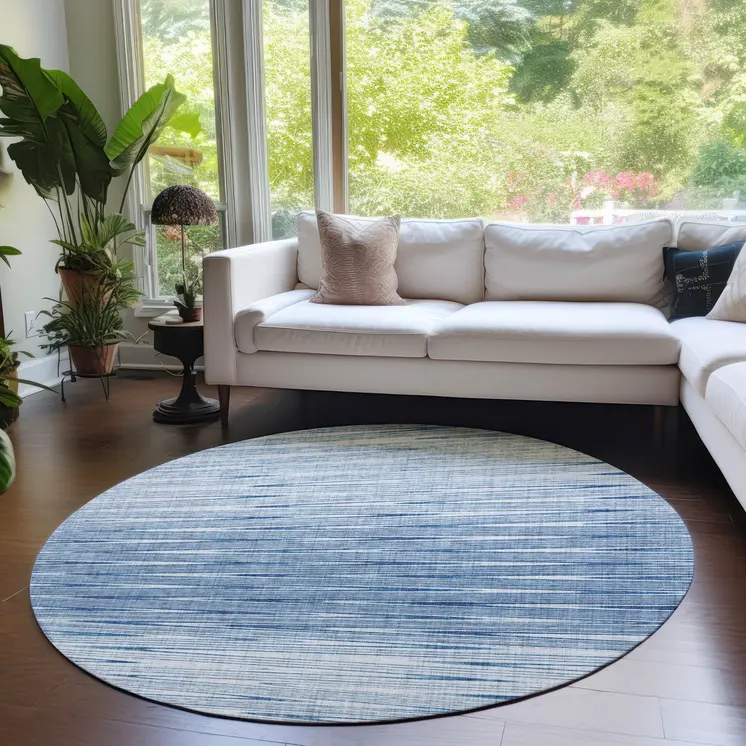8' Navy Blue And Sky Blue Round Abstract Washable Indoor Outdoor Area Rug