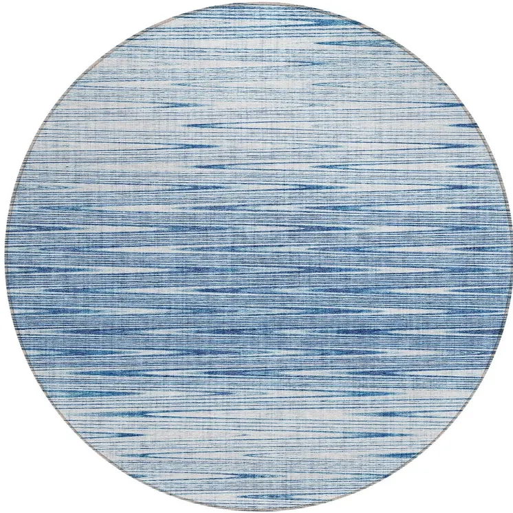 8' Navy Blue And Sky Blue Round Abstract Washable Indoor Outdoor Area Rug