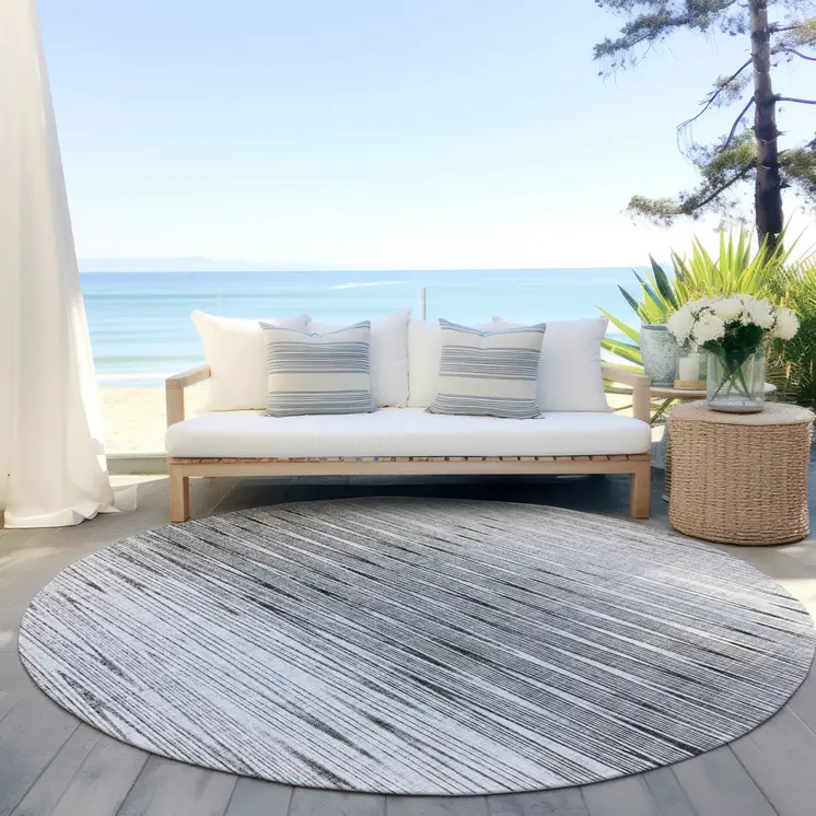 8' Gray And Charcoal Round Abstract Washable Indoor Outdoor Area Rug
