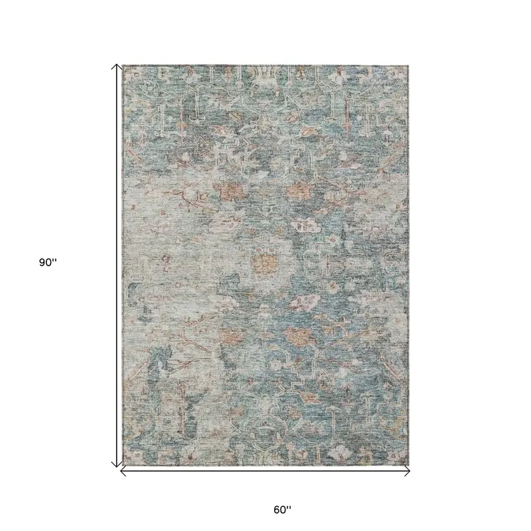 5' X 8' Green Blue And Gray Oriental Washable Indoor Outdoor Area Rug