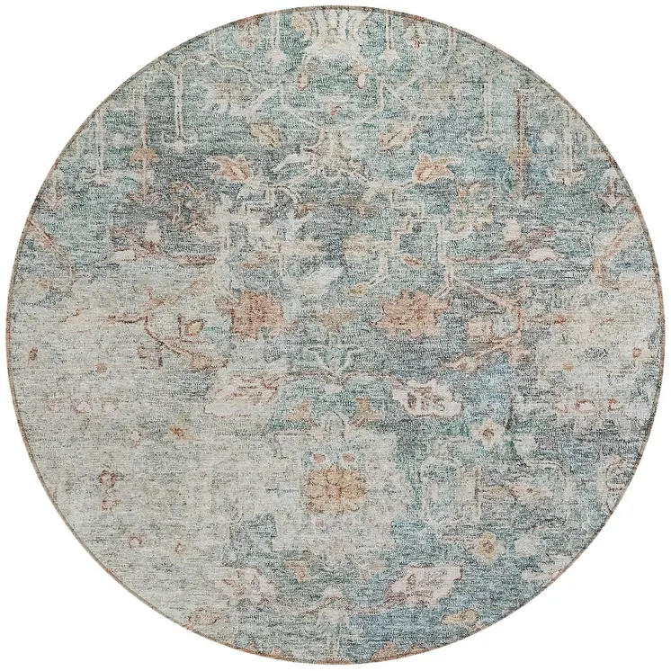 8' Green Blue And Gray Round Oriental Washable Indoor Outdoor Area Rug