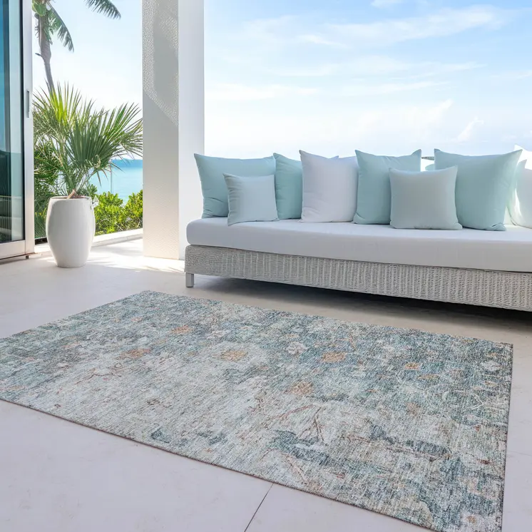 9' X 12' Green Blue And Gray Oriental Washable Indoor Outdoor Area Rug