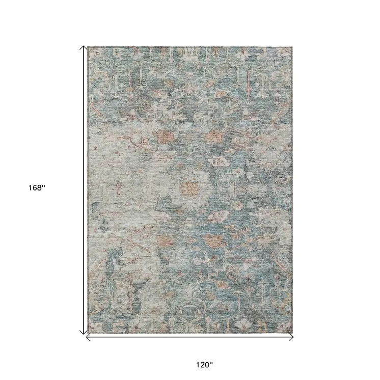 10' X 14' Green Blue And Gray Oriental Washable Indoor Outdoor Area Rug