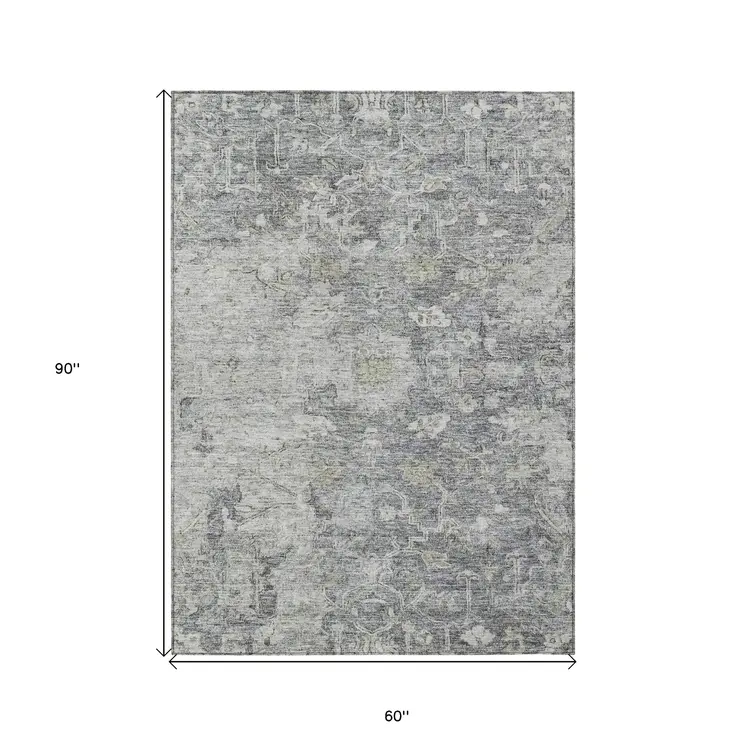5' X 8' Gray Beige And Charcoal Oriental Washable Indoor Outdoor Area Rug