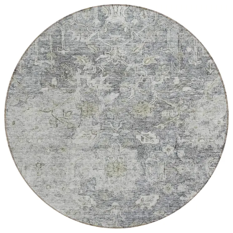 8' Gray Beige And Charcoal Round Oriental Washable Indoor Outdoor Area Rug