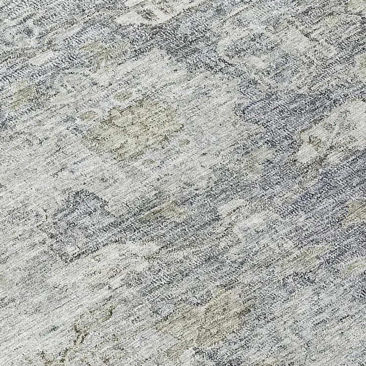 8' Gray Beige And Charcoal Round Oriental Washable Indoor Outdoor Area Rug
